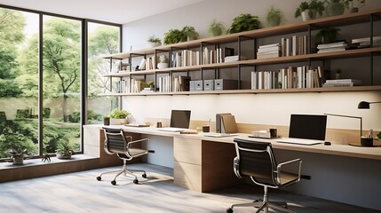 A wall of floating desks in the home office for a shared workspace.
