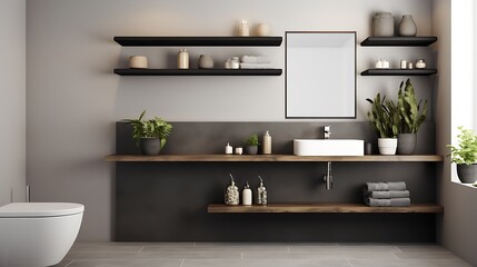 A wall of floating shelves in the bathroom for stylish storage.