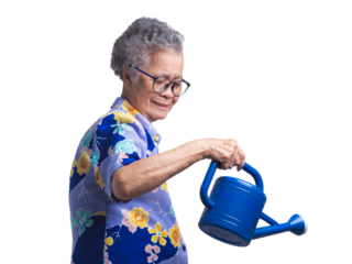 An elderly Asian woman holding a blue watering can while standing on a transparent background.