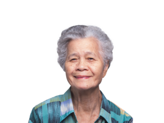 An elderly Asian woman is looking at the camera with a smile while standing on a transparent background.