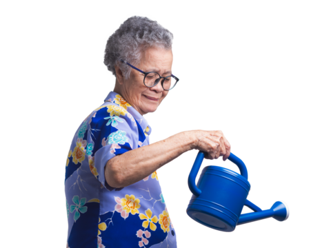 An elderly Asian woman holding a blue watering can while standing on a transparent background. - Powered by Adobe