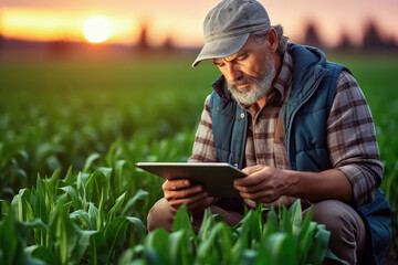 A modern farmer in a corn field using a digital tablet. Farming and agriculture with Application of technology Concept. Generative Ai.