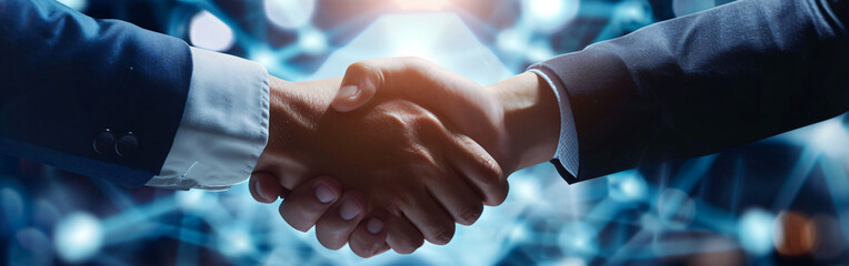 Close-Up of Business Handshake against Technology Background - Leadership and Teamwork Concept
