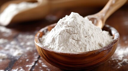 Fototapeta na wymiar White flour on the background of the kitchen table. Baking powder.