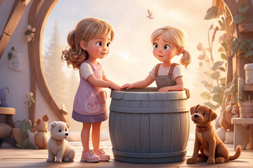 Two little girls sitting on a wooden barrel in the childrens room. happy childhood, girl playing