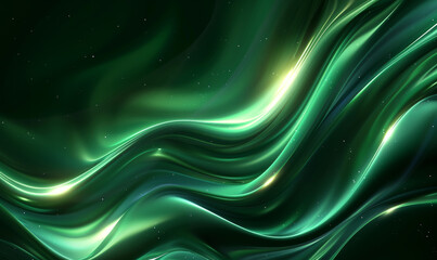 Abstract Green Northern Lights with Luminous Swirls and Sparkling Stars Background