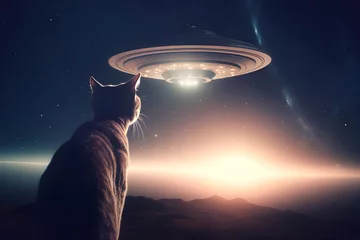 Fotobehang Rear view of cat watching flying saucer in dark night sky with bright glowing © Bonsales