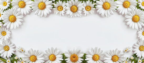 White daisies frame, spring flowers on white background. Panoramic background banner Mother's Day, Women's Day, Valentine's Day. Copy space, top down. Generative AI.