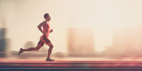 Athlete marathon runner runs long distance at running competition - obrazy, fototapety, plakaty