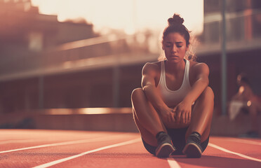Tired female jogger athlete sitting on track of stadium and relaxing after hard training session - Powered by Adobe