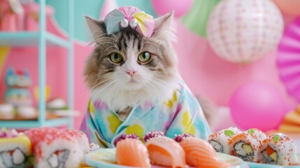 A candid photo of a fluffy cute cat, dressed in a sushi costume , pastel print pattern, sushi on a table, colorful room in background, pastel colors 
