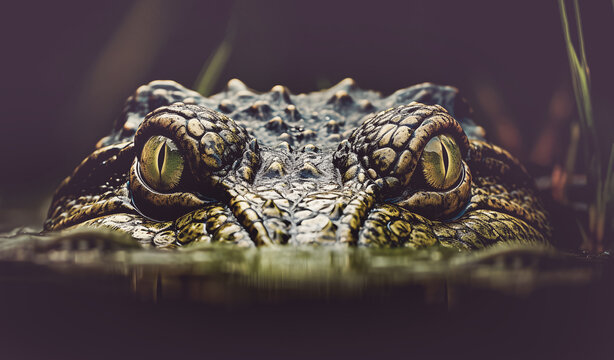 Big green eyes on large scale crocodile head looking with aggression from underwater