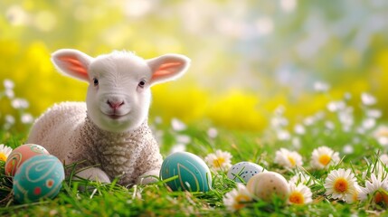 Easter Lamb Illustration with Copyspace AI Generated