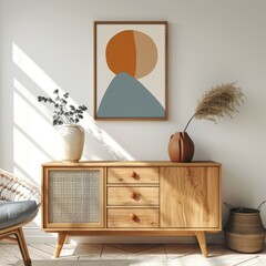 Mid Century Modern Living Room Interior with Artful Wooden Chest of Drawers and Art Poster Frame