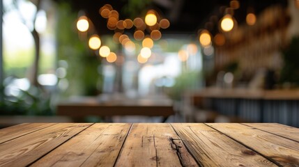 Wooden Table Bokeh Background for Product Display in Cafe