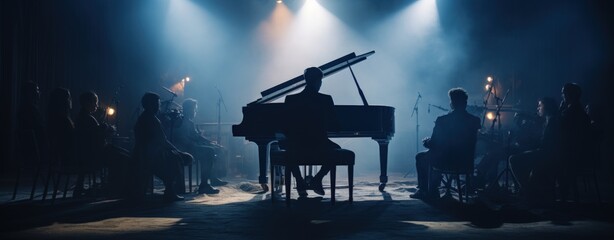 Pianist playing a grand piano at a concert with smoke lightning effect. AI generated image - obrazy, fototapety, plakaty
