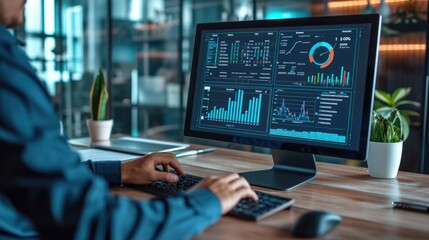 Analyst working with Business Analytics and Data Management System on computer to make report with KPI and metrics connected to database. Corporate strategy for finance, operations, sales, marketing
