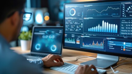 An analyst uses a computer and blue dashboard for data business analysis and Data Management System with KPI and metrics connected to the database for technology finance, operations, sales.