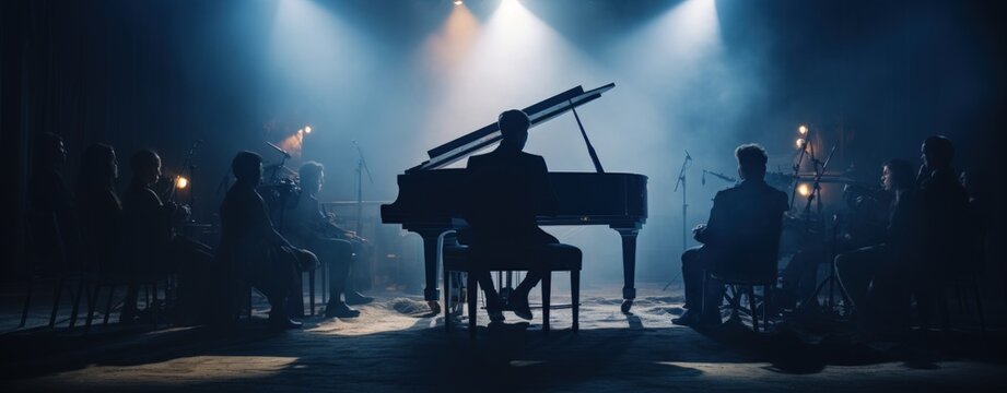 Pianist playing a grand piano at a concert with smoke lightning effect. AI generated image
