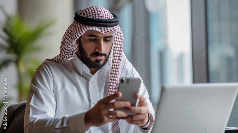 Poster arab man working with smartphone in the office. business and finance concept.