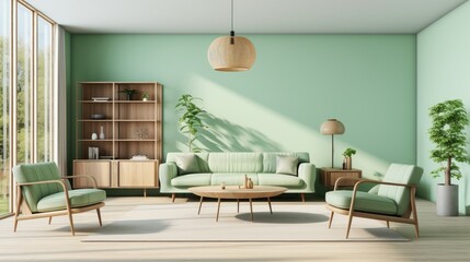 A coastal cozy living room with soft white sofa and pillow. Living room home interior design with soft green wall