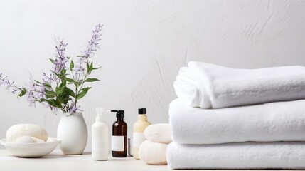 Towels, aromatic oils and flowers for beauty treatments, massage, skin care in a white office, spa, beauty services
