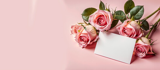 Pink roses, flowers on pink background with blank card. Panoramic background banner Mother's Day, Women's Day, Valentine's Day. Copy space, top down, romantic. Generative AI. - obrazy, fototapety, plakaty
