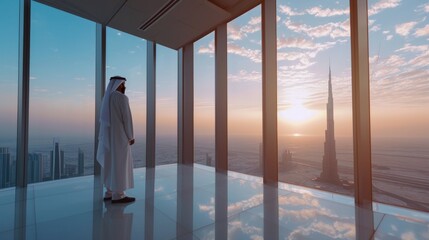 Arabian business man on traditional Arabian clothes on big glass office with panoramic windows
