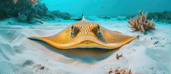 Fototapeten Yellow stingray (Bluespotted ribbontail ray) concealing in the sandy sea floor - underwater, with marine life - travel image. © 2rogan