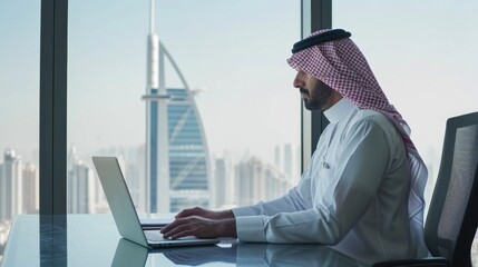 Mature arabian business man on traditional clothes sits on the desk with lap top on big glass office with panoramic windows .