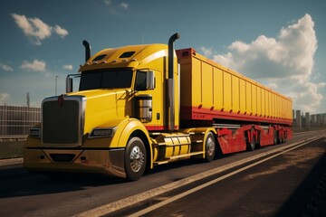 Fototapeta na wymiar A bright yellow truck features a red trailer on its side