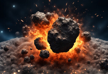 Big explosion of meteorites. Fire flames in the galaxy
