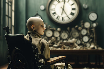 A sick child sitting on wheelchair looking at a clock. World Cancer Day Concept. Generative Ai.