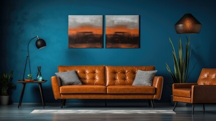 Home interior living room design with blue wall. Orange cozy and comfort sofa with soft pillow.