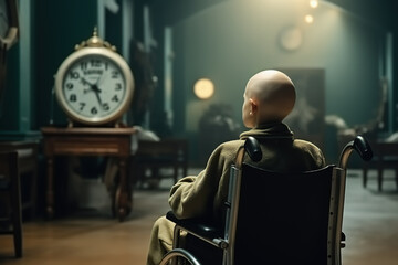 A sick child sitting on wheelchair looking at a clock. World Cancer Day Concept. Generative Ai.