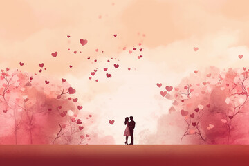 Illustration of a couple silhouetted against a heart-filled, dreamy pink backdrop.