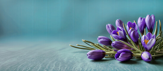 Spring flowers violet crocuses on blue panoramic background banner, website header, copyspace. Mother's day, Women's Day, Birthday card, Easter, top down, flat lay. Generative AI.