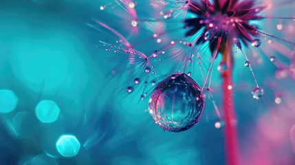  Abstract water drop on a dandelion flower seed macro in nature. Beautiful deep saturated blue and turquoise background, free space for text. Bright colorful expressive artistic image form.  © Hope
