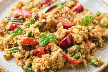 Vegan warm salad made with couscous, tomatoes, green beans, mint, roasted carrots and sweet...