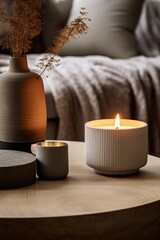 Ceramic wooden candle on a round table in the living room with soft sofa background in the style of norwegian nature, luxurious interiors design