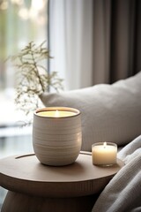 Fototapeta na wymiar Ceramic wooden candle on a round table in the living room with soft sofa background in the style of norwegian nature, luxurious interiors design