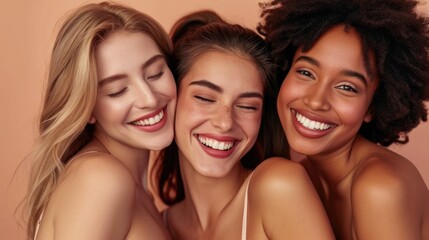 Beauty, diversity and portrait of women happy with makeup for cosmetic skincare isolated in studio brown background. Skin, aesthetic and young friends together for self care, dermatology and support  - obrazy, fototapety, plakaty