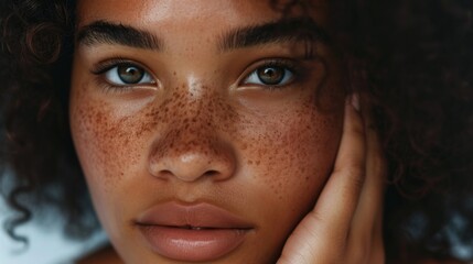 Fototapeta premium Beauty, portrait and natural face of black woman with healthy freckle skin texture touch. Aesthetic, facial and skincare cosmetic model girl touching cheeks for self love and wellness. 
