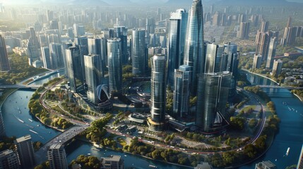 Big office building next to contemporary high rise structures with glass mirrored walls and illuminated lights in calgary city against cloudless blue sky