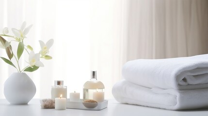 Spa accessories installed in a day spa hotel, health and beauty center. Spa products - towels, candles, aroma oils are placed in a luxury spa salon ready for massage, spa treatments