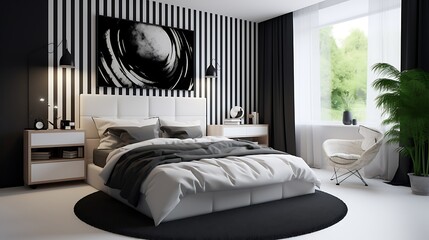 A high-contrast black and white bedroom design.