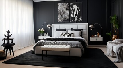A high-contrast black and white bedroom design.