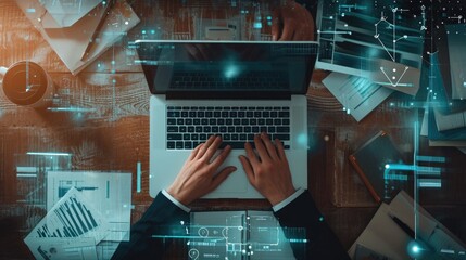 Service center man’s  hands working with laptop, top view double exposure with online documentation system and business files storage. Concept of electronic documents and data storage 