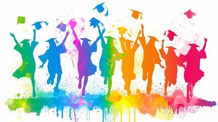 copy space, vector illustration, Happy graduates in graduation caps. Cheerful people, colored silhouette. high school graduation. Colorful silhouette of graduates in caps. Beautiful colored background - obrazy, fototapety, plakaty