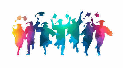 copy space, vector illustration, Happy graduates in graduation caps. Cheerful people, colored silhouette. high school graduation. Colorful silhouette of graduates in caps. Beautiful colored background